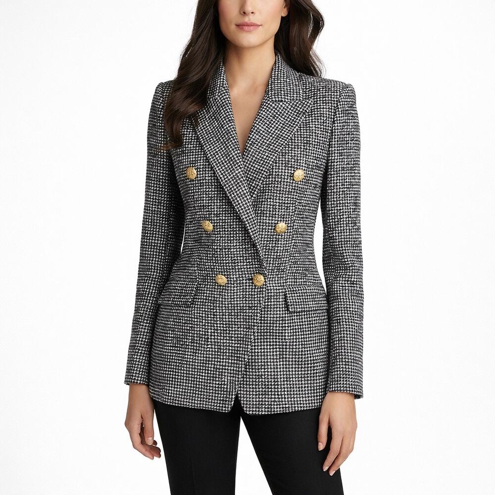 Zara Black and White Houndstooth Double-Breasted Blazer